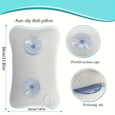 Bath Pillow with Easy-Dry Hook, Neck Support, 2 Anti-Slip Suction Cups