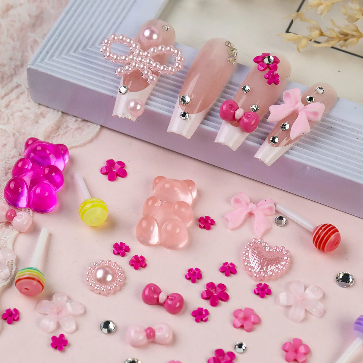12Grids/Box 3D Mixed Bowknot Pearl Heart Nail Charms Flatback Resin Flower,Star,Moon Nail Rhinestones DIY Nail Art Decorations &