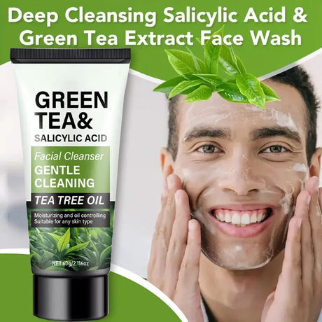 Men's Facial Wash 60g - Green Tea & Salicylic Acid, Deep Cleansing, Oil Control, Tea Tree & Charcoal, For Men
