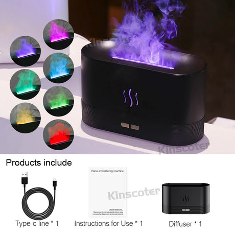 USB Desktop Flame Aroma Diffuser Humidifier 7 Colors Simulation Light Aromatherapy Air Purifier for Bedroom/Essential oil set
