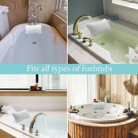 Bath Pillow with Easy-Dry Hook, Neck Support, 2 Anti-Slip Suction Cups