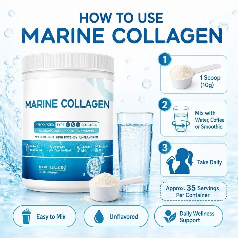 Marine Collagen Peptides Powder Type I III Collagen with Probiotics Vitamin C Hyaluronic Unflavored 12.35oz/35 Servings