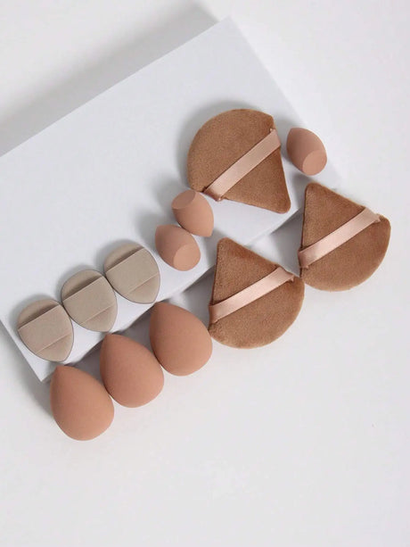 12pcs All-Purpose Makeup Sponges Set Consisting Of 3 Triangular Powder Puffs, 3 Mini Air Cushion Powder Puffs, 3 Water Drop Shaped Makeup Sponge, And 3 Mini Makeup Sponge. Suitable For Liquid Foundation, Powder Foundation, An