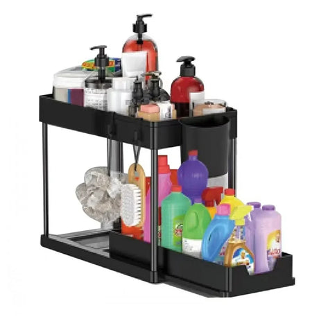 2 Tier Under Sink Sliding Storage Basket Multifunctional Organizer Rack with Hooks Hanging Cup Space-saving for Bathroom Kitchen
