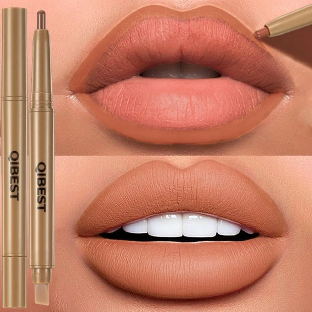 Double Head Black Lip Liner&Brush Pen Mist Matte Velvet Contour Tint Lipstick Pencil Long Lasting Nude Brown Natural Lip Makeup