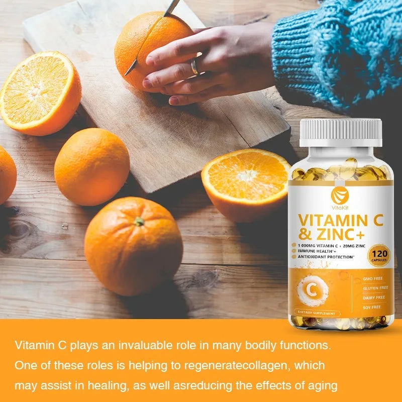 Vitakit Vitamin C 1000mg with Zinc 20mg 120 Capsules Vitamin Dietery Supplement | Non-GMO & Gluten Free Vegan