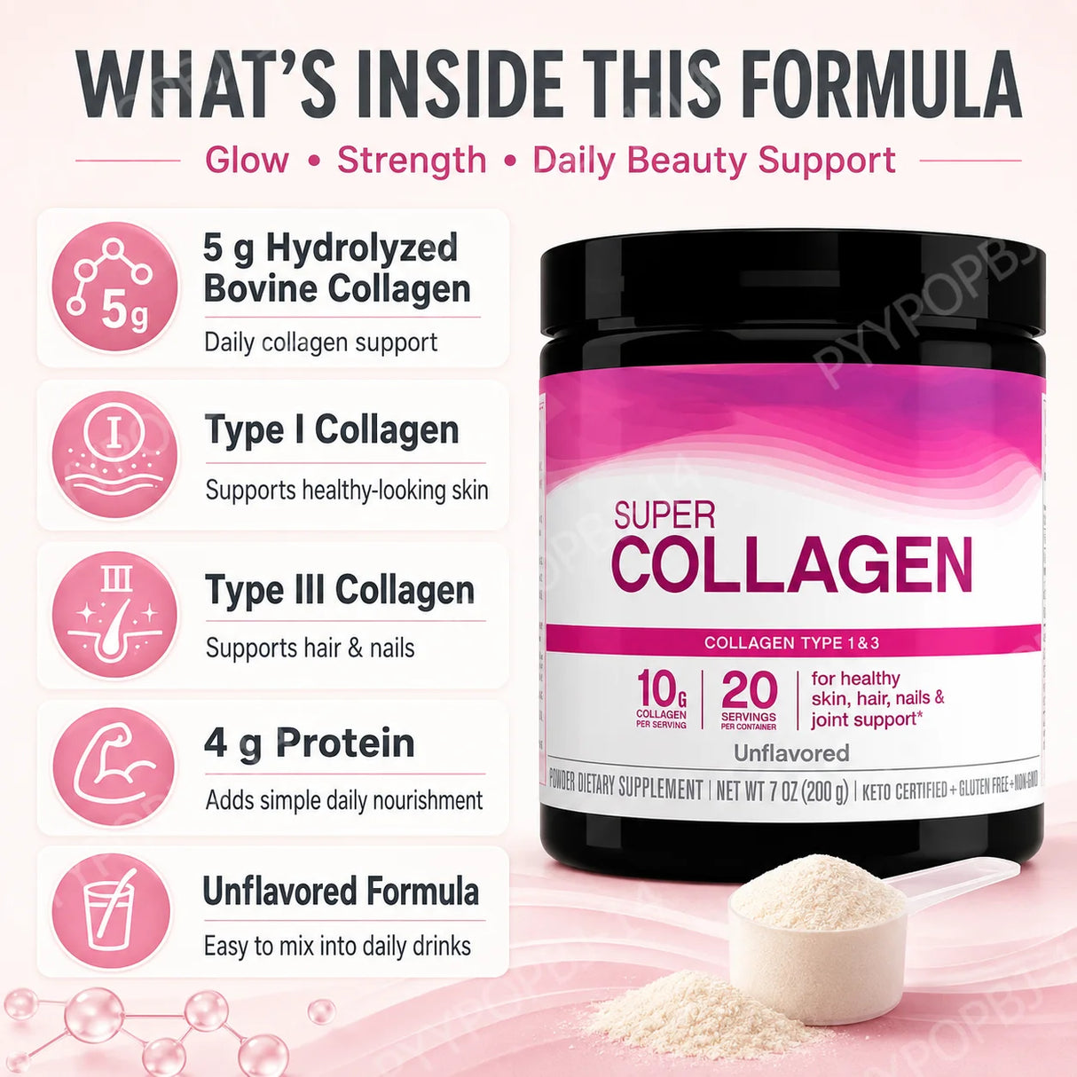 Super Collagen Powder Type 1 & 3 Hydrolyzed Bovine Collagen Supports Healthy Looking Skin Hair Nails Unflavored 20 Servings