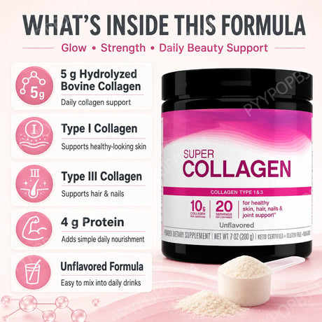 Super Collagen Powder Type 1 & 3 Hydrolyzed Bovine Collagen Supports Healthy Looking Skin Hair Nails Unflavored 20 Servings