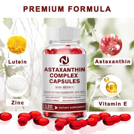 Astaxanthin Complex Capsules 12mg for Brain, Heart, Joint Bone, Eye, Skin, Immune System Health