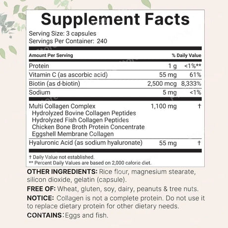Multi Collagen Pills 240 Capsules | Type I II III V X | Hydrolyzed Protein Peptides with Biotin Hyaluronic Acid & Vitamin C