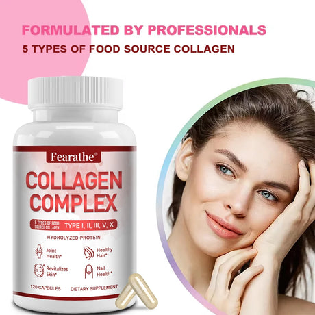 Multi-Type Collagen Complex Capsules, Natural Collagen Peptides Supplement, Support Skin Radiance, Hair, Nail & Joint Health