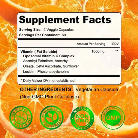 Liposomal Vitamin C 1600 Mg - Highly Absorbable, Fat Soluble Vitamin C, Antioxidant Supplement, Immune System & Collagen Booster