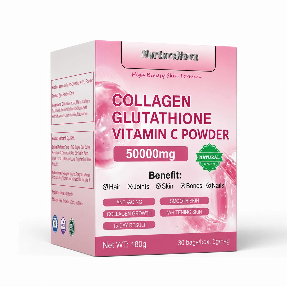 Collagen Peptides Glutathione Vitamin C Powder 30 Sachets, Marine Collagen Drink Mix Antioxidant Wellness Support