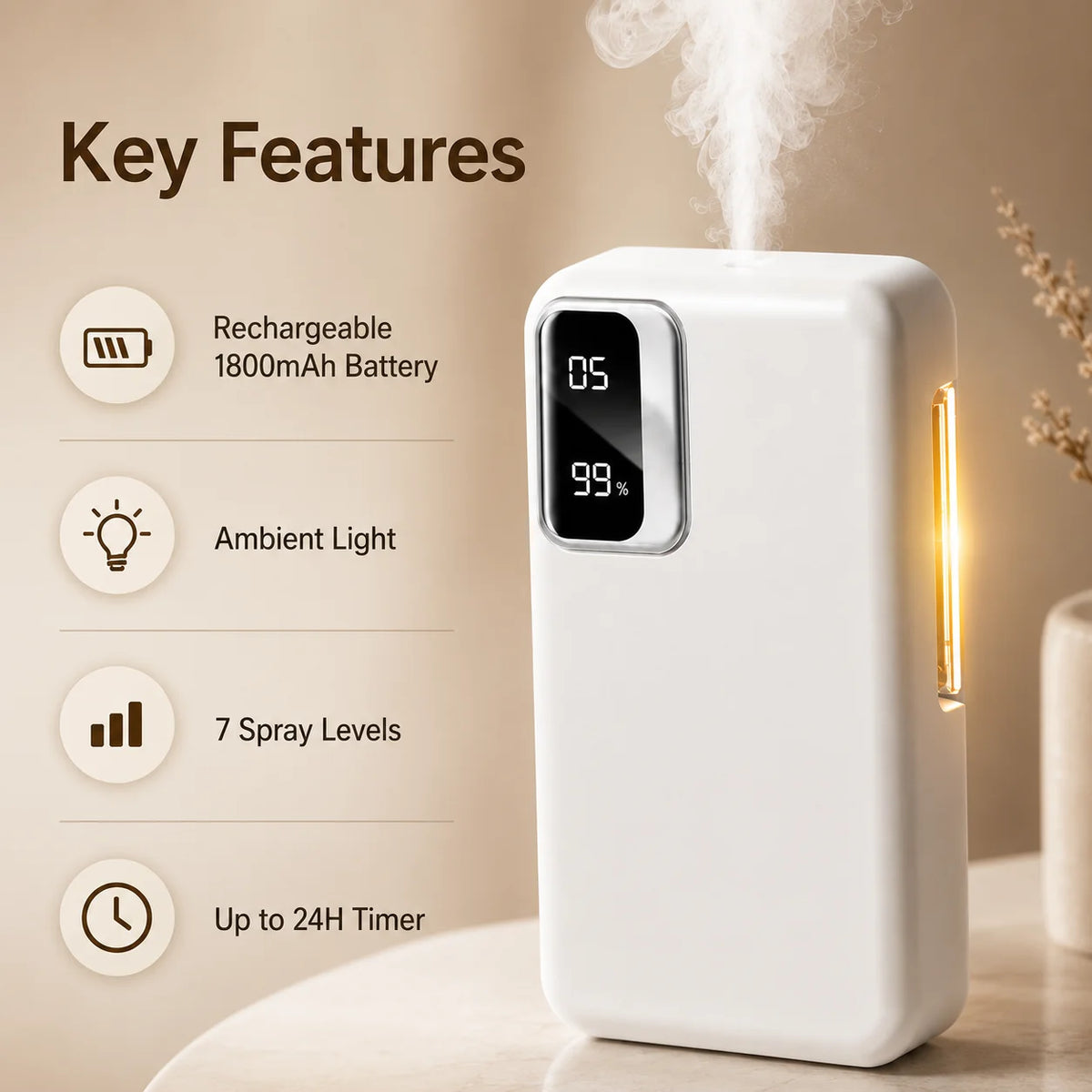 Smart Aroma Diffuser, 1800mAh Rechargeable Aromatherapy Machine, Automatic Fragrance Sprayer, Wall Mounted or Desktop Air Freshener with Ambient Night Light, 7 Spray Levels, 24H Timer for Bathroom Bedroom Office Hotel Home