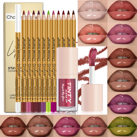 12Pcs Matte Lip Liner Pencil Set With Liquid Lip Gloss Waterproof Long Lasting Non-transfer Nude Brown Lip Makeup Kit Plump Lip Contour Cosmetic For Women