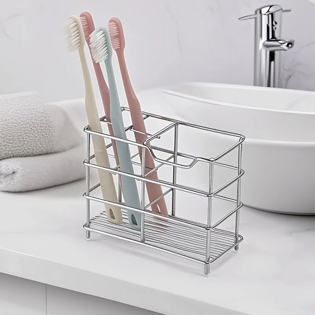 5-Slot Stainless Steel Toothbrush Holder - Space-Saving Freestanding Design, No Installation Required, Ideal for Bathrooms