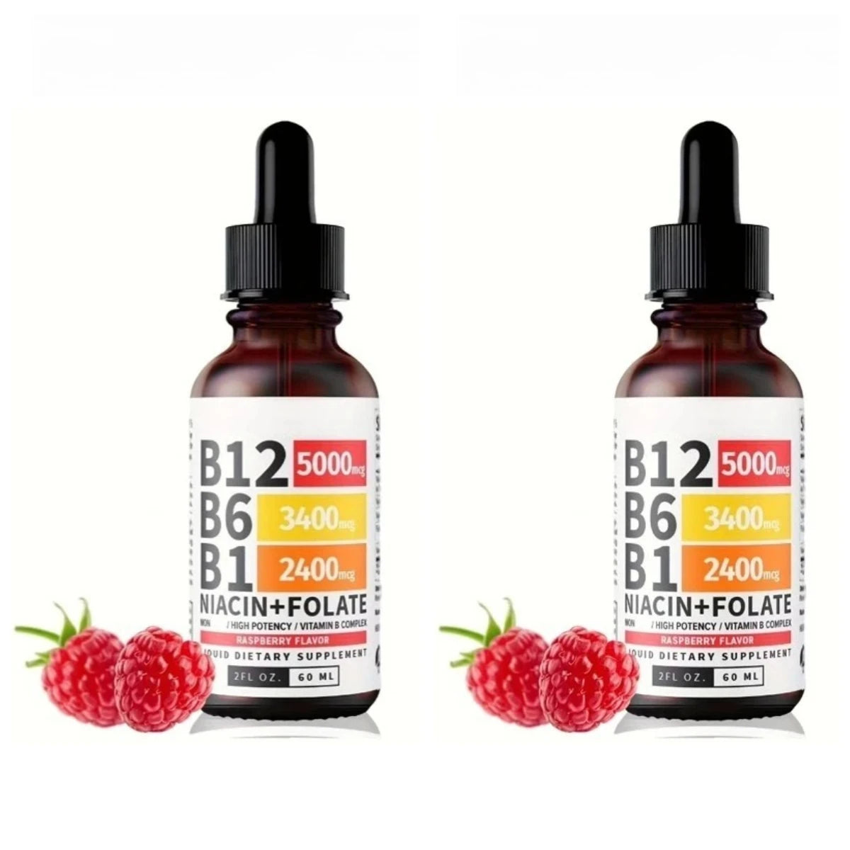 Vitamin B12 Liquid Drops 60ml Raspberry Flavor with Vitamin B6+B1 Etc Multivitamin Support Energy Recovery & Brain,Heart Health