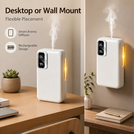 Smart Aroma Diffuser, 1800mAh Rechargeable Aromatherapy Machine, Automatic Fragrance Sprayer, Wall Mounted or Desktop Air Freshener with Ambient Night Light, 7 Spray Levels, 24H Timer for Bathroom Bedroom Office Hotel Home