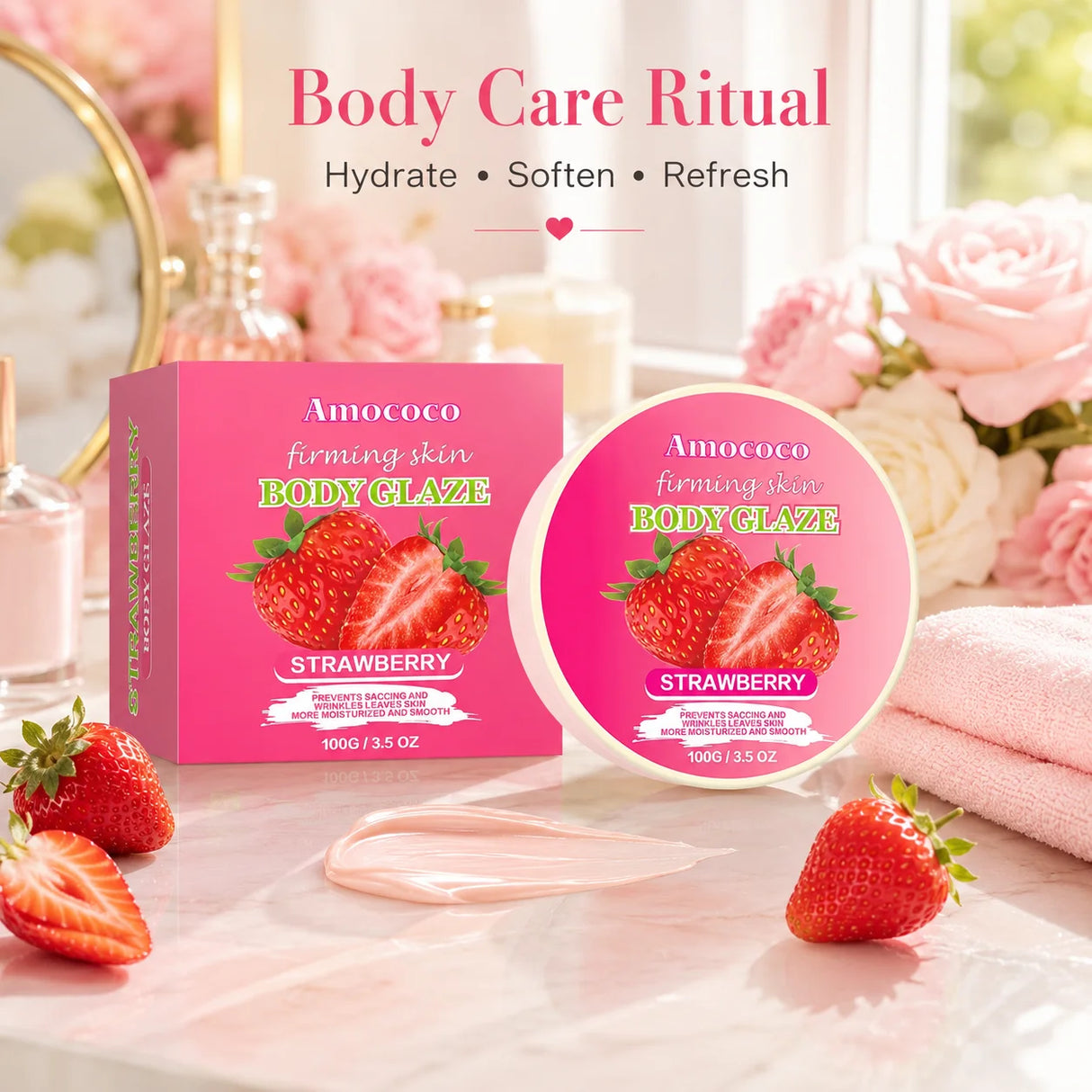 Strawberry Body Glaze Firming Skin Body Cream100g Moisturizing Body Butter Body Lotion Smooth Fine Lines Anti Dry Rough Skin Luminous Soft Non Greasy Strawberry Scent For All Skin Daily Skin Care