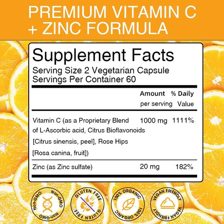 Vitakit Vitamin C 1000mg with Zinc 20mg 120 Capsules Vitamin Dietery Supplement | Non-GMO & Gluten Free Vegan