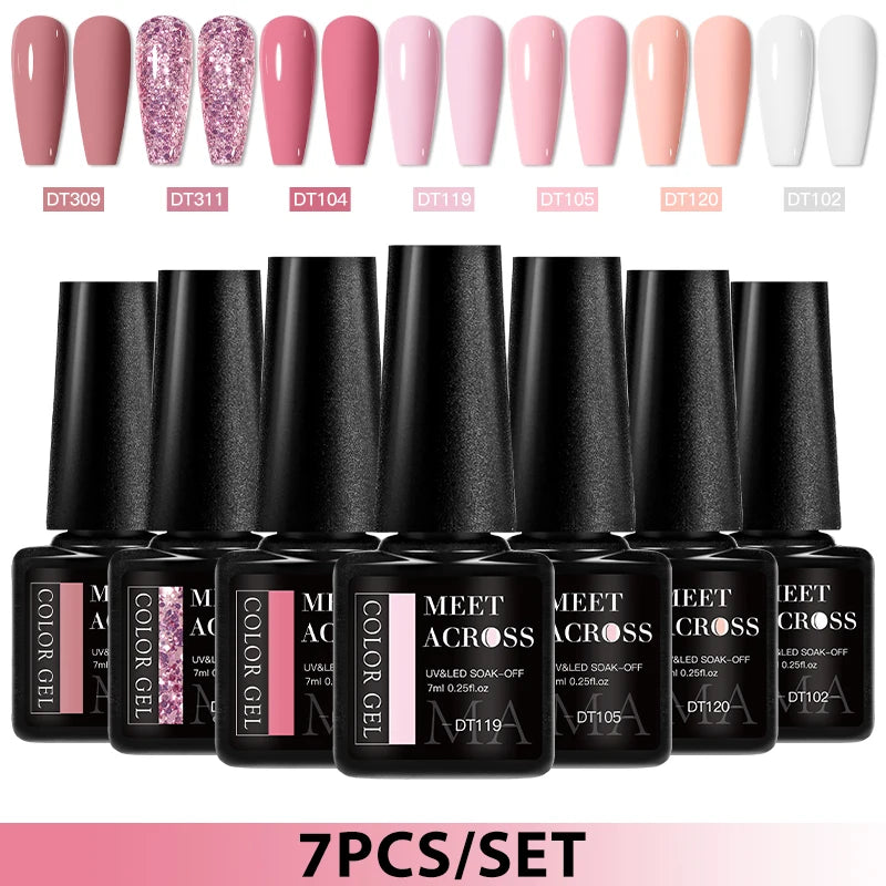 7pcs Gel Nail Polish Set HEMA Free Pink Red Glitter Semi Permanent Soak Off UV Gel Varnish Nail Art Decoration Nail Supplies DIY