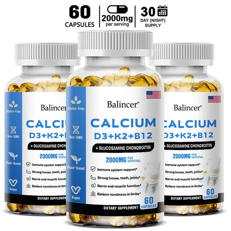 Calcium + D3 + K2 + B12 Capsules - Support Bone and Muscle Health, Replenish Joints