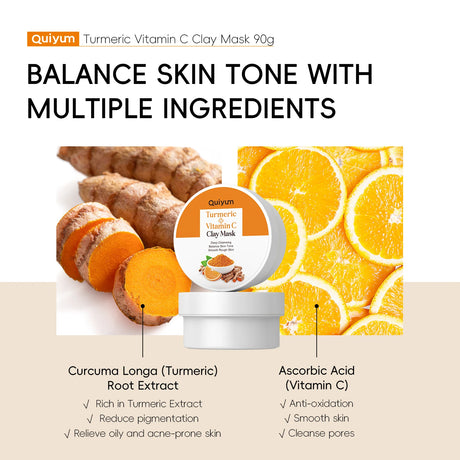 Quiyum Turmeric Vitamin C Clay Mask 90g Deep Cleansing Balance Skin Tone Smooth Rough Skin Kaolin Clay Face Mask with Aloe