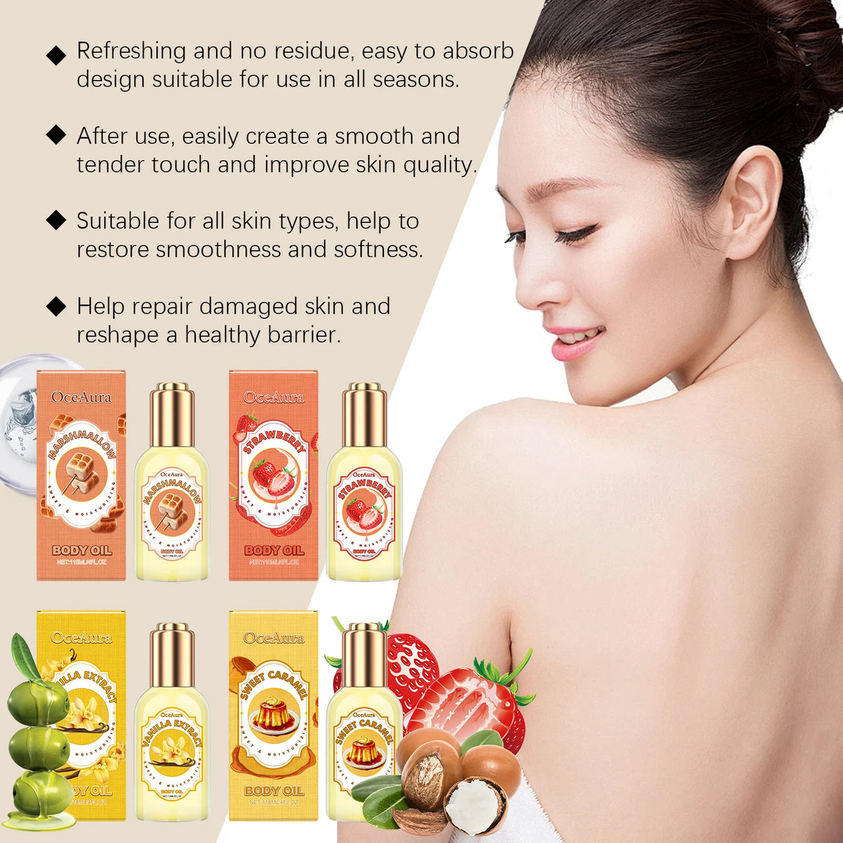 OceAura Strawberry Body Oil Vanilla Sweet Caramel Perfume Moisturizing Skin Barrier Repair Nourish Marshmallow Body Massage Oil