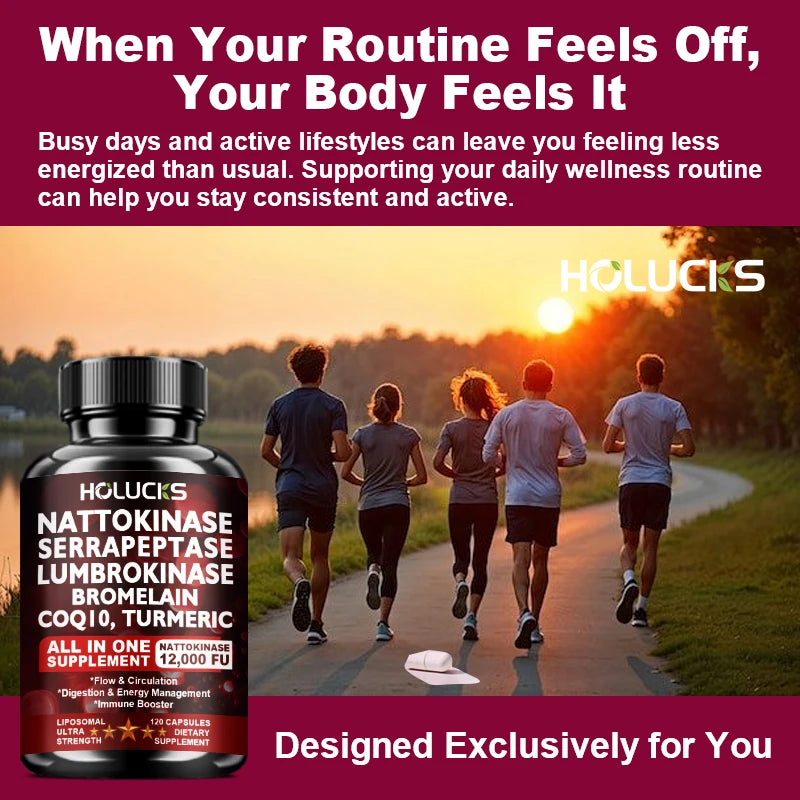 High Potency Enzyme Complex, with Lumbrokinase & CoQ10, Boost Vitality, Cellular Energy & Immune Health, Middle Aged Daily
