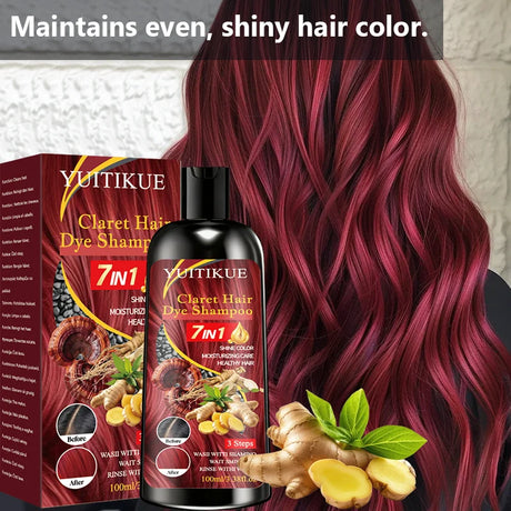 YUITIKUE 100ml Claret Hair Dye Shampoo, 7IN 1 Quick Coloring, Moisturizing Care with Natural Ingredients for Shiny, Healthy Hair