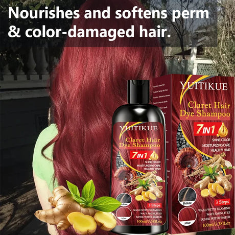 YUITIKUE 100ml Claret Hair Dye Shampoo, 7IN 1 Quick Coloring, Moisturizing Care with Natural Ingredients for Shiny, Healthy Hair