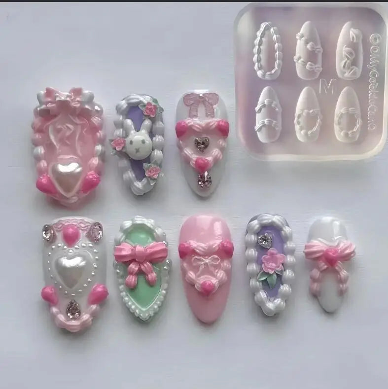 1Pcs Cake Cream Lace Heart Silicone Nail Mold Sweet Y2K Nail Art Decorations Template DIY Design Transparent Manicure Stencils 1
