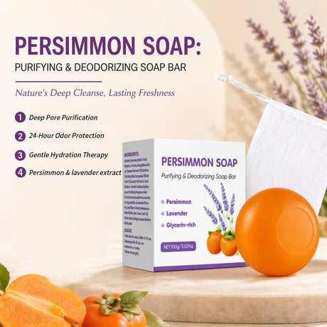 Persimmon Soap Bar for Body Odor Control, Japanese Persimmon & Lavender Extract for Unisex, Purifying & Deodorizing Soap, 100g