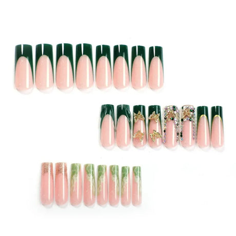 24Pcs Green French Golden Butterfly Square Press On Nails,Reusable Removable,For Daily Wear,High Quality Nail Art, Free Shipping