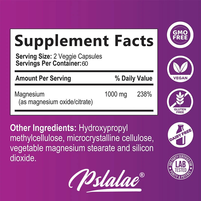 Magnesium Citrate Capsules 1000 Mg - Maximum Absorption for Muscle, Nerve, Bone and Heart Health Gluten Free, Non-GMO