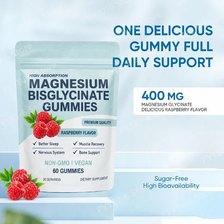 High Absorption Magnesium Bisglycinate Gummies Vegan Raspberry Flavor 60 Count Support Muscle Bone Health Non GMO Gluten Free