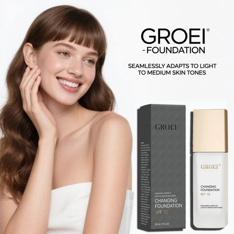 GROEI Changing Foundation SPF 15 - 30ml Adaptive Color Makeup, Auto-Match Your Skin Tone, Lightweight Cover Blemishes & Redness