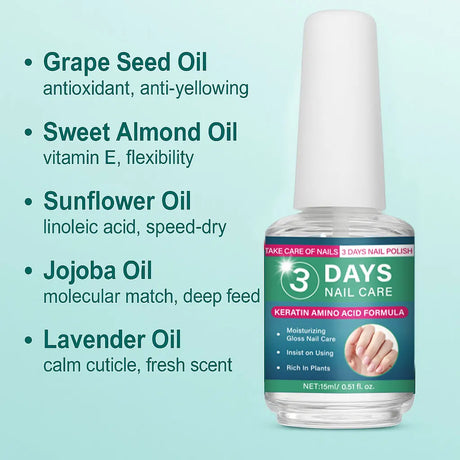 3 Days Nail Care Oil Keratin Amino Acid Formula Fast Dry 90s Salon Shine No Chip Deep Moisture Nail Strengthener,15ml