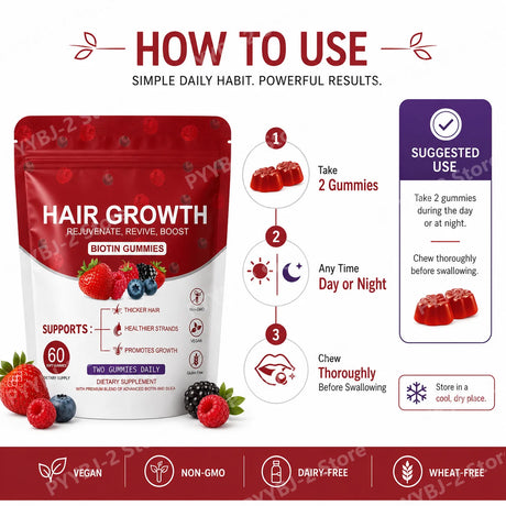 Women Hair Growth Vitamin Gummies Healthy Nourishment with Biotin Collagen Botanical Extracts Also for Skin Nail Care 60count