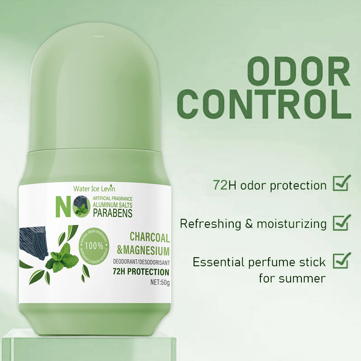Water Ice Levin Natural Deodorant Stick - 72H Protection, Charcoal & Magnesium, Aluminum-Free.