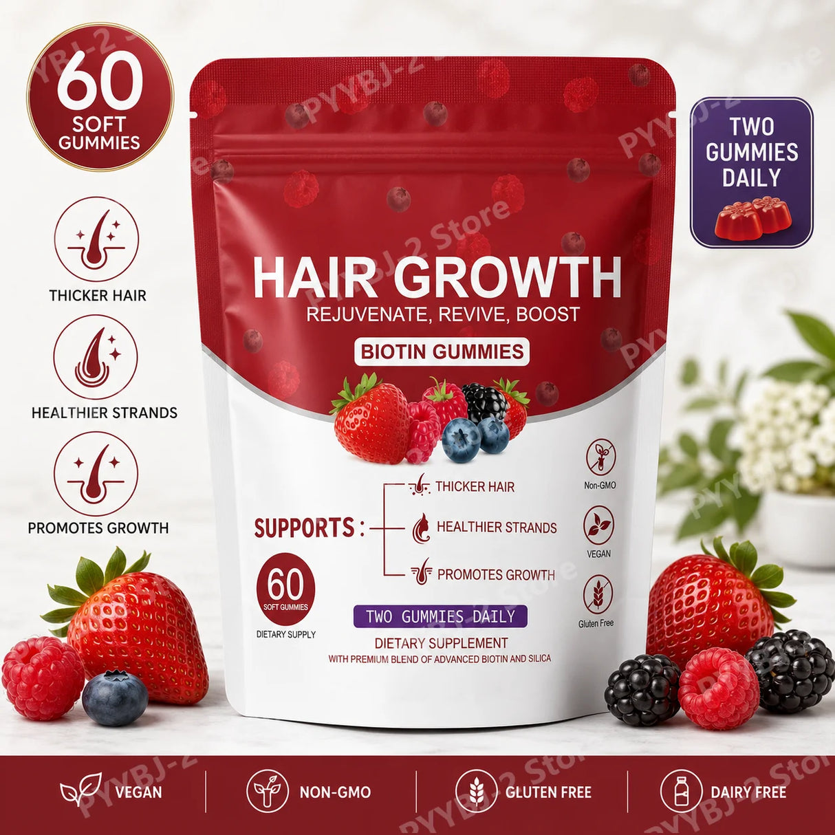 Women Hair Growth Vitamin Gummies Healthy Nourishment with Biotin Collagen Botanical Extracts Also for Skin Nail Care 60count