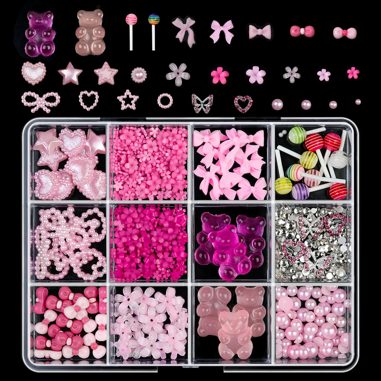 12Grids/Box 3D Mixed Bowknot Pearl Heart Nail Charms Flatback Resin Flower,Star,Moon Nail Rhinestones DIY Nail Art Decorations &