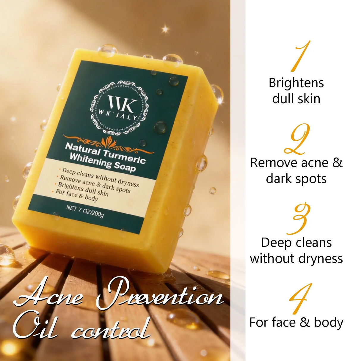 WK JALY Turmeric Lightening Soap Bar, Anti Acne, Dark Spots, With Hyaluronic Acid, Even Skin Tone, For All Skin Types
