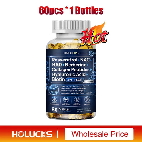 Resveratrol+NAC+NAD+Collagen Peptides+Hyaluronic Acid+Biotin Capsules, Boost Energy & Focus, Anti-Aging, Cellular Vitality