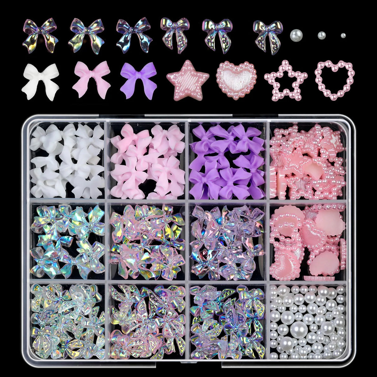 12Grids/Box 3D Mixed Bowknot Pearl Heart Nail Charms Flatback Resin Flower,Star,Moon Nail Rhinestones DIY Nail Art Decorations &
