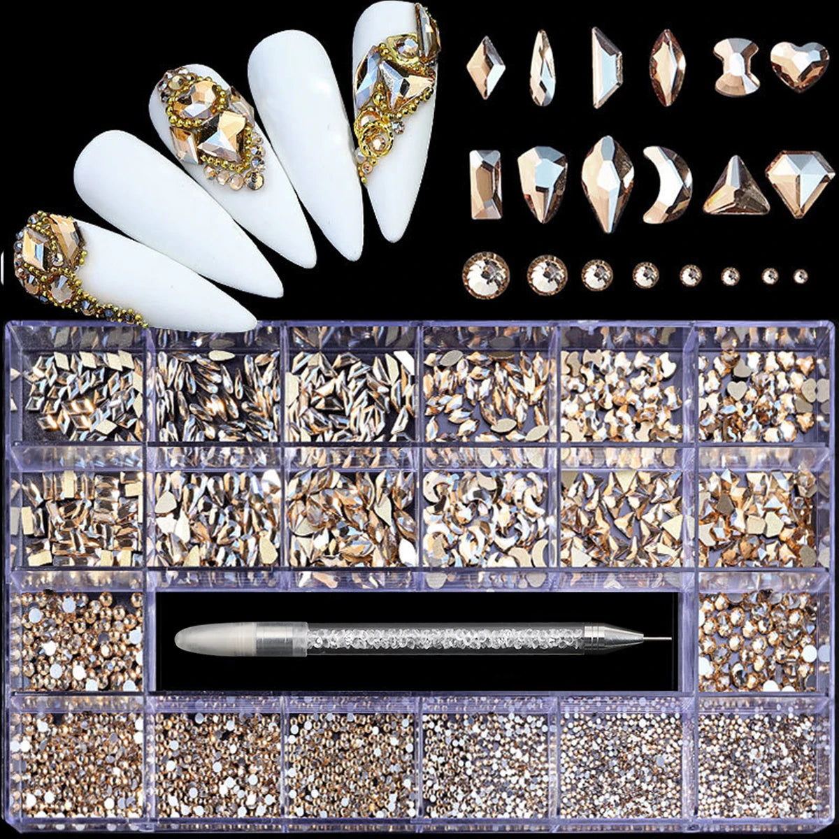 21 grid nail art diamond flat bottom glass diamond multi-style special-shaped diamond shiny nail rhinestone DIY nail art jewelry