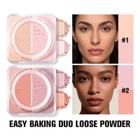 2 in 1 Bake Loose Powder Brightening&Correcting Duo Brightening Correcting Blurred Pores Matte LongLasting Setting Powder Makeup