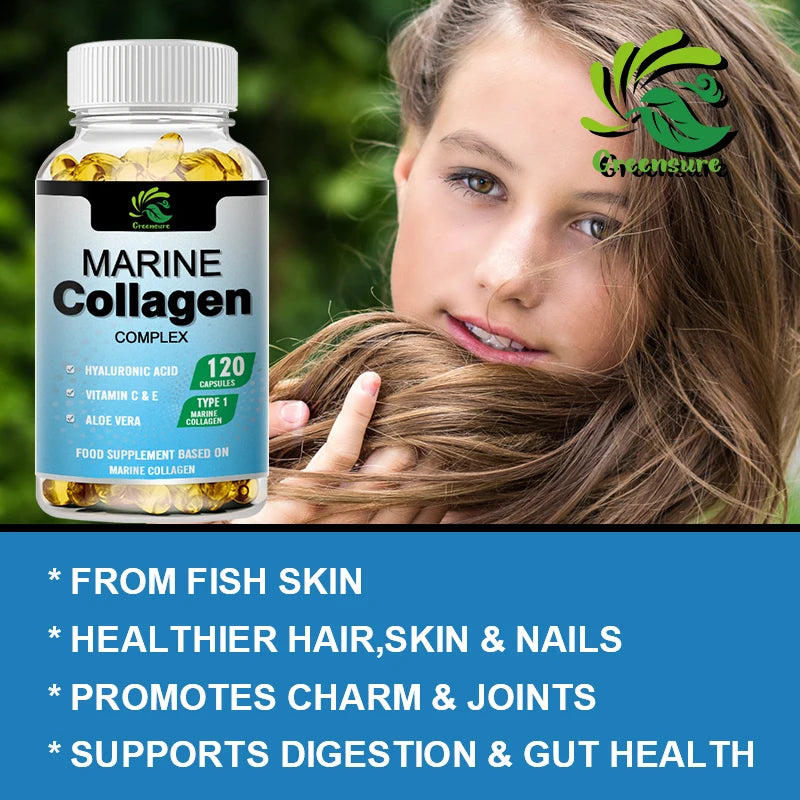 Greensure 60/120 Pcs Marine Collagen Capsules - Supports Joints, Hair, Skin, Nails, Cartilage & Overall Health