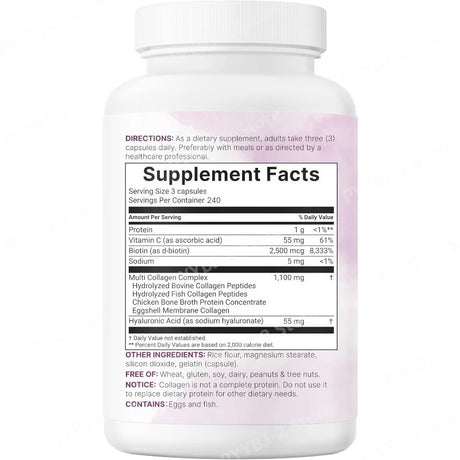 Multi Collagen Pills 240 Capsules | Type I II III V X | Hydrolyzed Protein Peptides with Biotin Hyaluronic Acid & Vitamin C