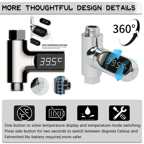 Shower Thermometer LED Display Baby Bath Water Thermometer Meter 360° Rotation Flow Water Self-Generating Temperture Monitor